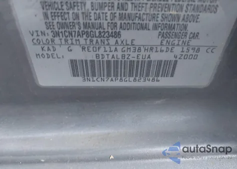 2016 Nissan Versa 1.6 S/1.6 S+/1.6 Sl/1.6 Sv из США, поврежденный, VIN 3N1CN7AP8GL823486